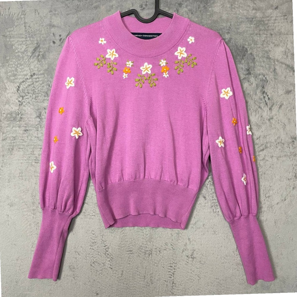 Coquette Floral Embroidered Soft Knit Puff Sleeve Sweater Medium Cottagecore